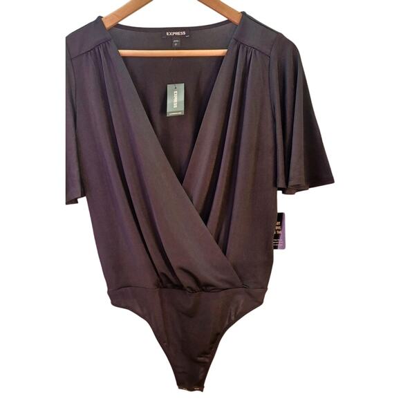 NWT Y2K Express Black V Neck Wrap Bodysuit Sz Small Academia Balletcore Goth - Picture 3 of 6